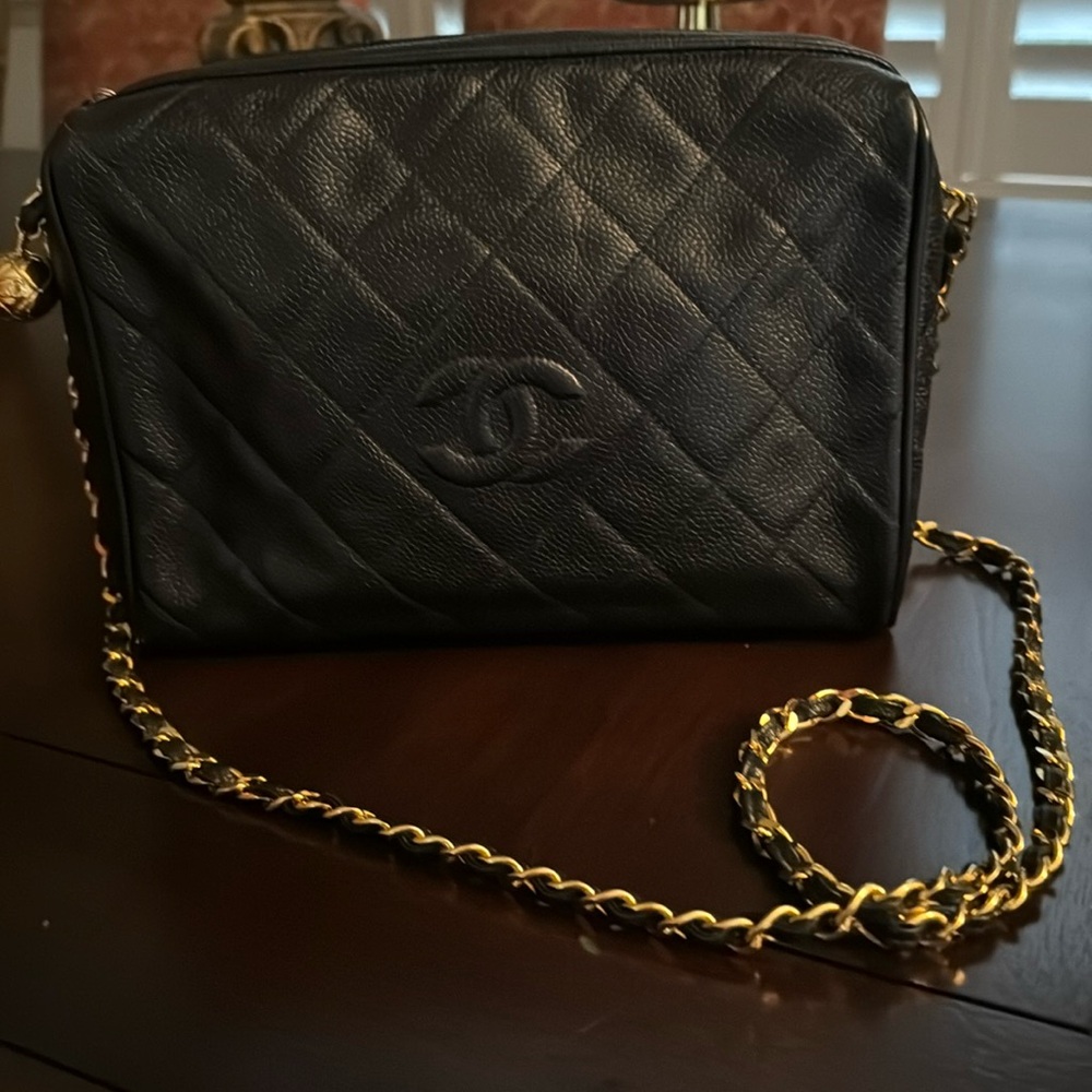 Chanel Vintage Black Caviar Camera Bag with Gold Hardware.